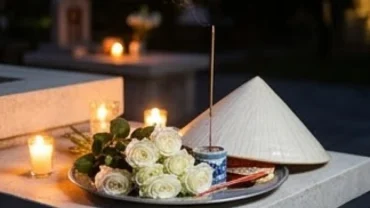 Mâm lễ vật mang sắc trắng tinh khiết được chuẩn bị cẩn thận để đọc văn khấn Cô Sáu tại Côn Đảo