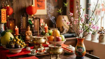 Cuốn sách văn khấn cổ truyền Việt Nam bìa đỏ đặt trang trọng bên cạnh mâm lễ cúng gia tiên ấm cúng trên bàn thờ gỗ