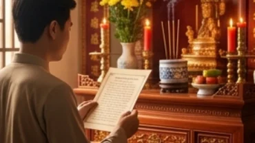Gia chủ thành tâm chắp tay đứng trước ban thờ đọc văn khấn cổ truyền Việt Nam trong không gian ấm cúng