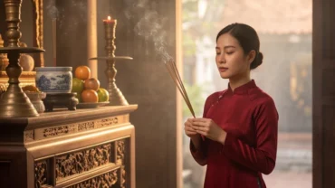 Người phụ nữ mặc áo dài thành tâm đọc bài văn khấn Công Chúa Ngọc Hoa trước mâm lễ thanh tịnh tại Đền Giếng