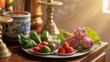 Mâm lễ vật và văn khấn Công Chúa Tiên Dung được chuẩn bị chu đáo gồm trầu cau têm cánh phượng, oản đỏ và hoa sen