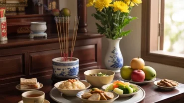 Mâm lễ chuẩn bị đọc văn khấn cúng 100 ngày trang nghiêm với hương hoa và các thức cúng truyền thống