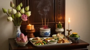 Không gian thờ tự trang nghiêm với mâm cúng chay thanh tịnh trong lễ đọc văn khấn cúng 49 ngày cho người đã khuất