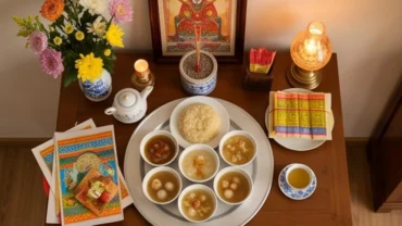 Mâm lễ trang nghiêm và gia chủ đang thành tâm đọc văn khấn cúng Bà Bổn Mạng tại nhà để cầu bình an