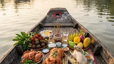 Mâm lễ vật chuẩn bị cho nghi thức đọc văn khấn cúng bà cậu trên mũi ghe tại miền Tây