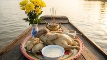 Mâm lễ vật cúng Bà Cậu được đặt trang trọng trên mũi ghe với hoa tươi và nhang khói