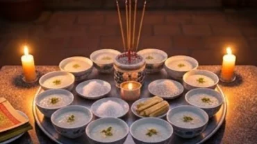 Mâm lễ cúng các bác ngoài sân với cháo loãng, muối gạo và vàng mã dưới ánh nến lung linh
