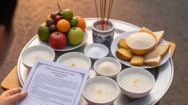 Đọc văn khấn cúng chúng sinh hàng tháng bên mâm lễ ngoài trời với cháo loãng, trái cây ngũ sắc và nhang đèn