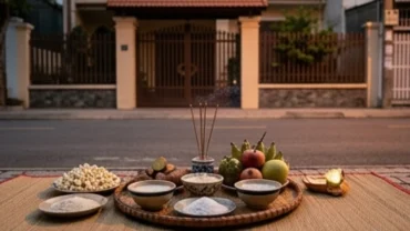 Mâm cúng chúng sinh rằm tháng 7 với các lễ vật chay mộc mạc được bày biện trang nghiêm ngoài trời lúc chạng vạng