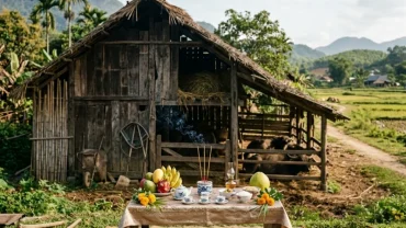 Mâm lễ truyền thống chuẩn bị cho nghi thức đọc văn khấn cúng chuồng bò đầu năm mới tại nông thôn Việt Nam