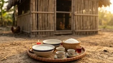 Mâm lễ và bài văn khấn cúng chuồng gà được chuẩn bị tươm tất với xôi cháo, trà rượu đặt trước bậu cửa chuồng