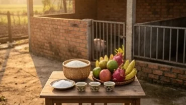 Bàn cúng Ông Chuồng Bà Chuồng với thúng gạo, đĩa muối và mâm lễ vật đặt trước cửa chuồng heo