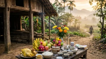 Mâm lễ mặn cúng Ông Chuồng Bà Chuồng trước cổng trang trại để thực hiện nghi lễ văn khấn cúng chuồng trại truyền thống
