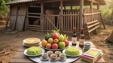 Mâm lễ vật cúng Ông Chuồng Bà Chuồng tươm tất được đặt trước cửa chuồng trại chăn nuôi gia súc ở nông thôn