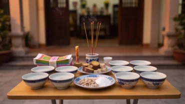 Mâm lễ chuẩn bị cho bài văn khấn cúng cô hồn ngoài trời với đầy đủ vật phẩm truyền thống