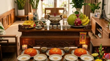 Mâm lễ vật truyền thống chuẩn bị cho nghi thức đọc văn khấn cúng đầy tháng cho bé trai với xôi chè và hoa tươi
