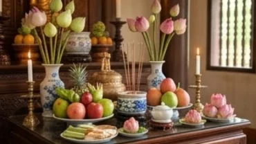 Mâm lễ chay thanh tịnh dâng lên chư Phật khi đọc văn khấn cúng dường Tam Bảo tại không gian thờ tự trang nghiêm