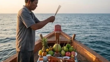 Ngư dân chuẩn bị mâm lễ tươm tất và đọc văn khấn cúng ghe biển trước giờ xuất hành