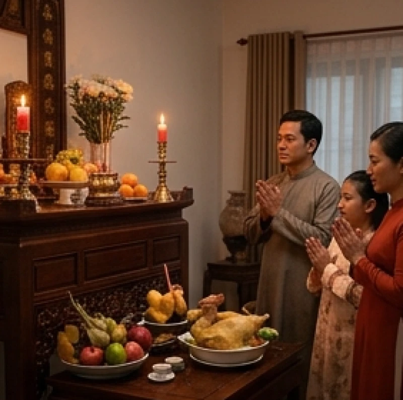 Một gia đình người Việt đang đứng nghiêm trang trước ban thờ để thực hiện nghi thức tấu trình trong ngày giỗ