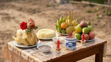 Mâm lễ vật tươm tất dâng lên thần linh trong nghi thức đọc văn khấn cúng móng nhà truyền thống