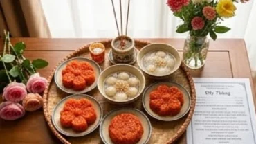 Mâm lễ đầy tháng truyền thống với xôi chè và bài văn khấn cúng Mụ đặt trang trọng trên bàn