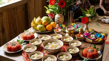 Mâm lễ vật truyền thống chuẩn bị cho nghi thức đọc văn khấn cúng mụ cho bé gái với chè trôi nước