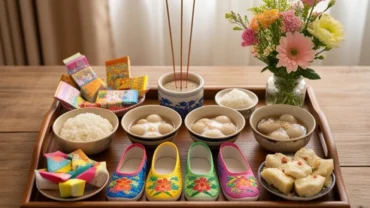 Mâm lễ cúng Mụ cho bé gái được bày biện trang trọng với chè trôi nước, hài giấy xanh và hoa tươi