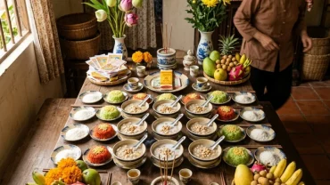 Mâm lễ vật truyền thống chuẩn bị sẵn sàng cùng bài văn khấn cúng mụ cho bé trai để cầu bình an và may mắn