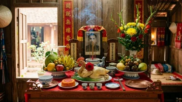 Mâm lễ vật truyền thống và bài văn khấn cúng rằm tháng chạp được bày biện trang nghiêm trên ban thờ gia tiên