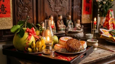 Mâm lễ vật chuẩn bị cho nghi thức đọc văn khấn cúng rằm trung thu tại nhà với bánh nướng và ngũ quả