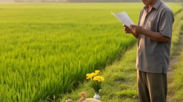 Người nông dân thành kính chuẩn bị đọc văn khấn cúng ruộng đồng trước mâm lễ Thần Nông đặt trên bờ ruộng lúa