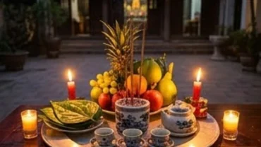 Mâm lễ vật chuẩn bị cho nghi thức đọc văn khấn cúng sao giải hạn truyền thống tại sân nhà