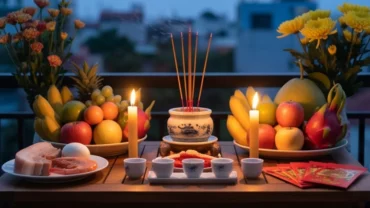 Mâm lễ chuẩn bị cho bài văn khấn cúng Tam Tai tại nhà với đầy đủ bộ tam sên và hương hoa