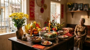 Hình ảnh mâm cúng tất niên chiều 30 Tết được chuẩn bị tươm tất bên cạnh bài văn khấn cúng tất niên trên ban thờ cổ truyền