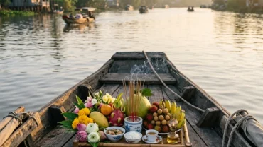 Mâm lễ tươm tất chuẩn bị cho nghi thức đọc văn khấn cúng tàu thuyền tại khu vực mũi tàu hướng ra mặt nước