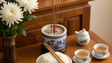 Chuẩn bị mâm lễ và bài văn khấn cúng thất đầu trang nghiêm với bát cơm úp, nhang đèn và hoa cúc trắng