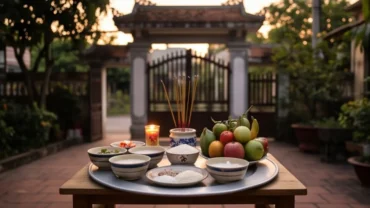 Mâm chay thanh tịnh bày trước hiên nhà giúp gia chủ chuẩn bị đọc văn khấn cúng thí thực hàng tháng trang nghiêm