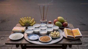 Mâm lễ chay tịnh dùng khi đọc văn khấn cúng thí thực rằm tháng 7 đặt trang nghiêm ngoài trời