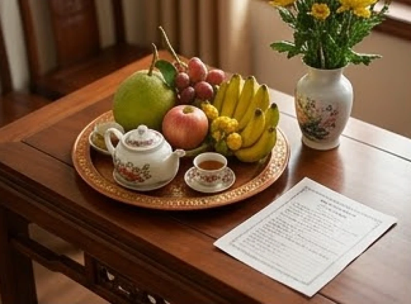 Mâm lễ vật cúng Thổ công và gia tiên được bày biện trang trọng cùng bài văn khấn đặt bên cạnh