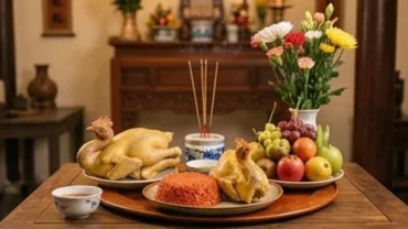 Mâm lễ cùng bài văn khấn cúng tổ nghề truyền thống trang trọng với gà luộc và hoa tươi