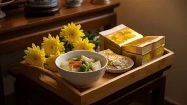 Mâm lễ vật và nhang đèn trang nghiêm trong nghi thức đọc văn khấn cúng tuần đầu cho người mới mất