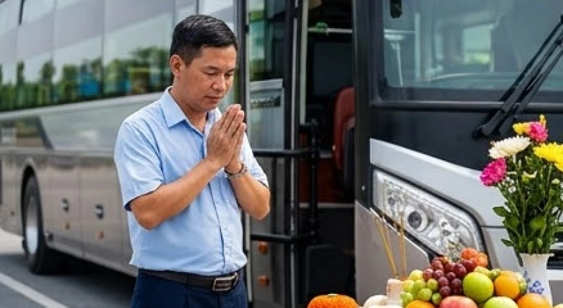 Tài xế chắp tay thành tâm đứng trước mâm lễ cúng xe để cầu mong vạn dặm bình an