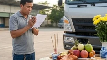 Tài xế chắp tay đọc văn khấn cúng xe tải trước mâm lễ trang nghiêm bày biện ngoài trời
