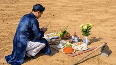 Gia chủ thành tâm đọc văn khấn cuốc móng làm nhà trước mâm lễ vật dâng lên Thần linh Thổ địa
