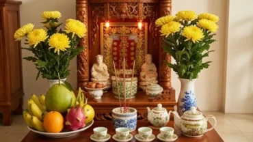 Mâm lễ chuẩn bị cho bài văn khấn cuối tháng tại cửa hàng với hoa quả và nhang đèn
