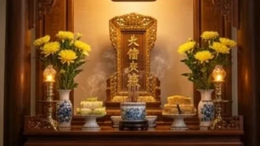 Không gian bàn thờ trang nghiêm chuẩn bị cho nghi thức đọc văn khấn Cửu Huyền Thất Tổ với hoa tươi và hương đèn thắp sáng