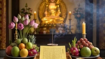 Mâm lễ vật và sớ cầu siêu được bày biện trang nghiêm tại ban Tam Bảo của ngôi chùa