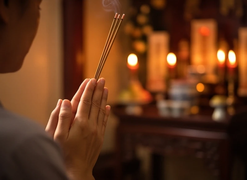 Người hành lễ chắp tay thành kính thực hiện nghi thức đọc văn khấn