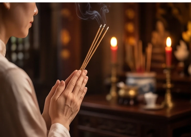 Sao hạn tuổi Tuất năm 2027: Bảng tra tổng hợp và sơ đồ cắm nến 9 Đôi bàn tay chắp lại cầm nén nhang thắp sáng trước ban thờ trong nghi thức dâng sao giải hạn