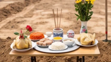 Mâm lễ mặn cúng động thổ và văn khấn đào móng nhà được chuẩn bị tươm tất trên khu đất thi công